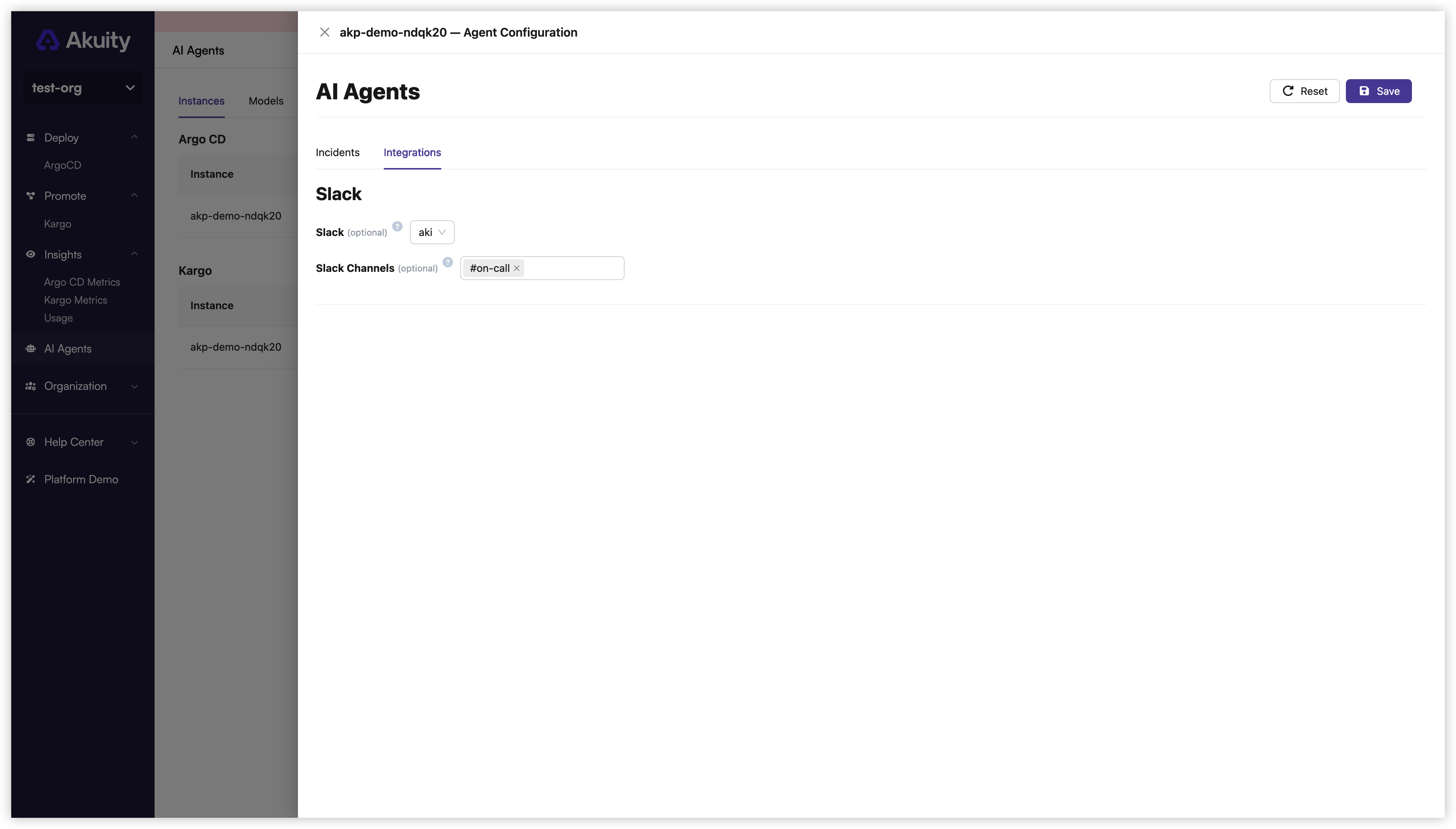 Slack integration in the Agent Configuration drawer