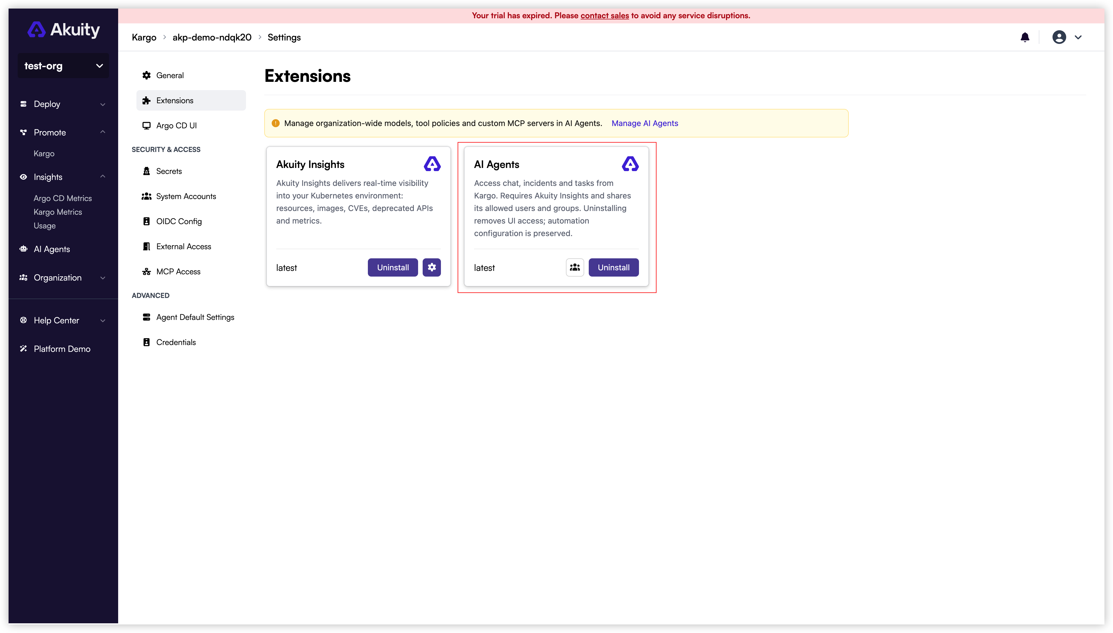 Manage the AI Agents extension in Kargo