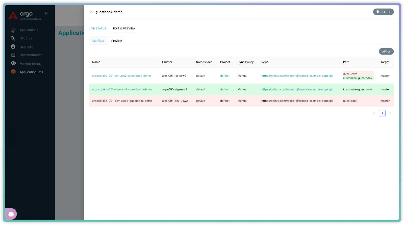 Show ApplicationSet Change