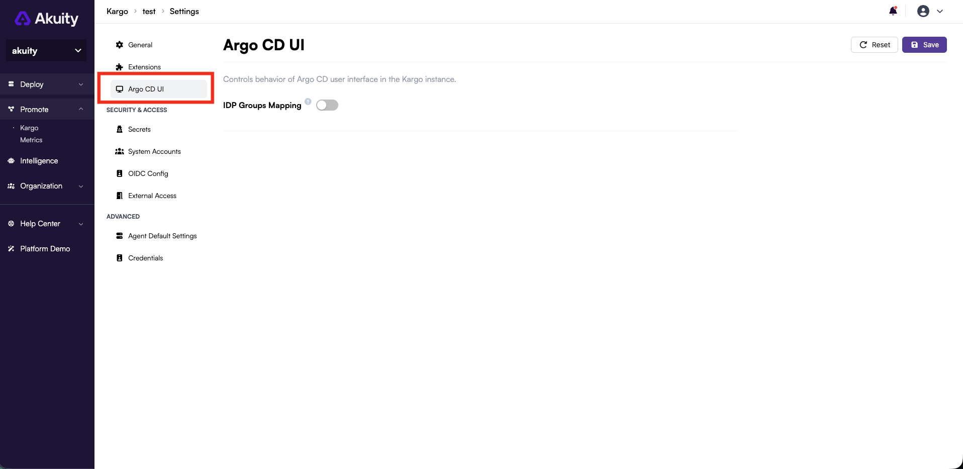 Kargo Settings — Argo CD UI tab