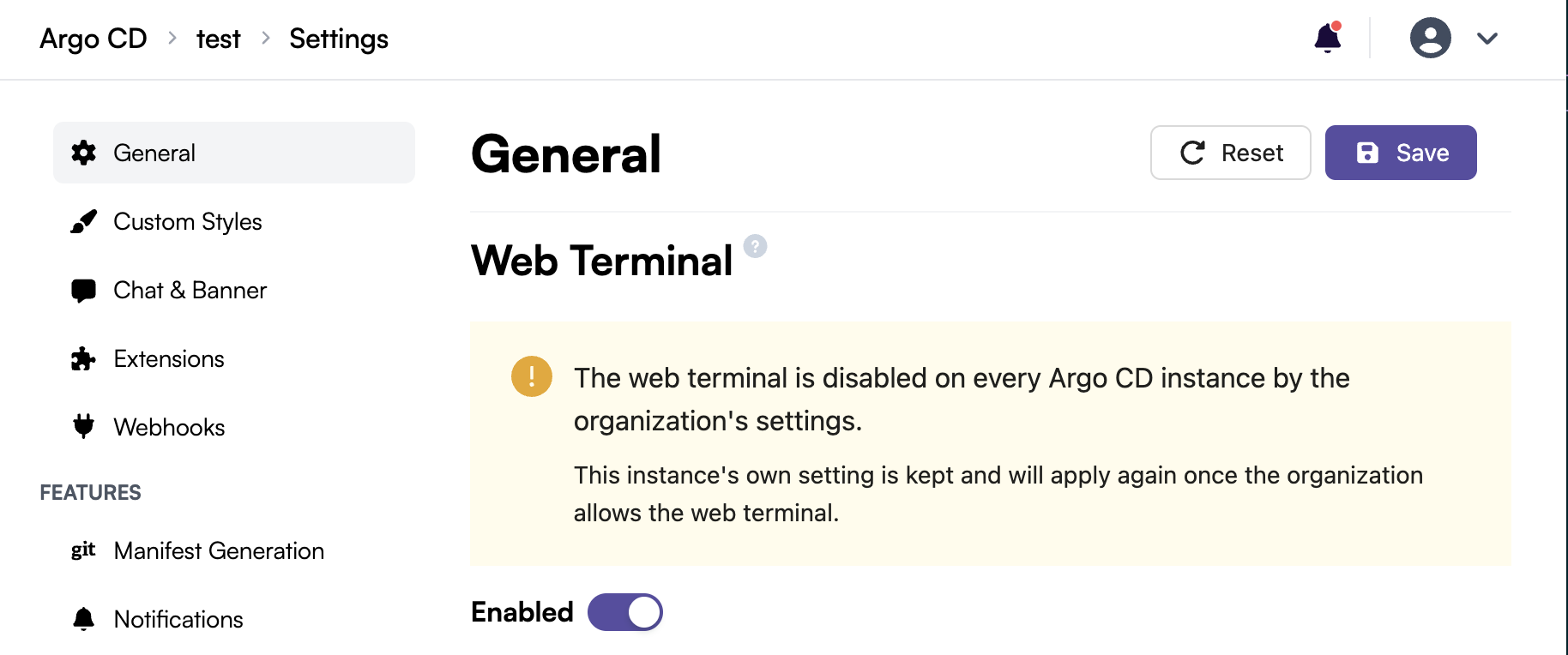 Web terminal disabled by the organization