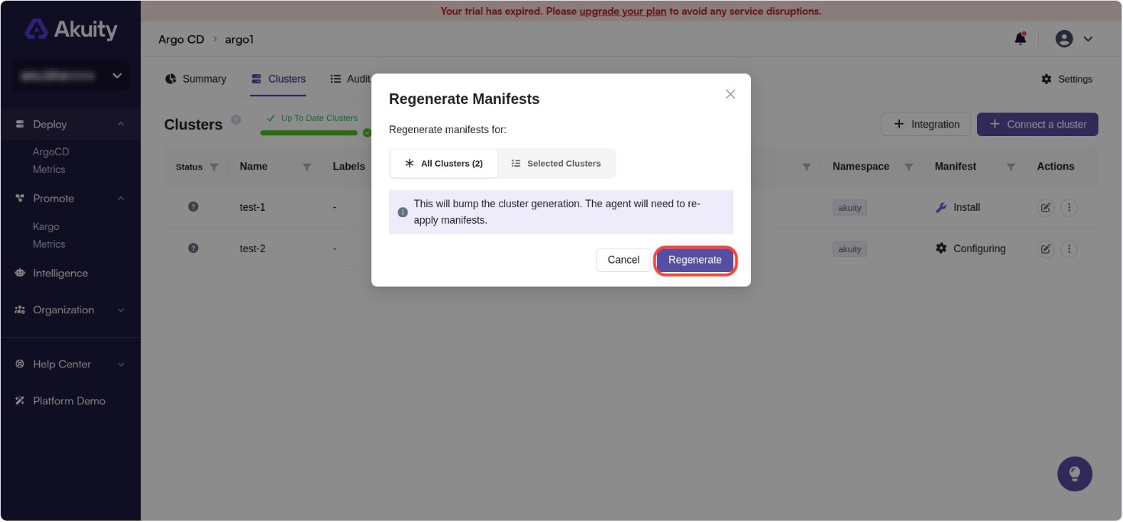 Regenerate Manifests Multiple Clusters