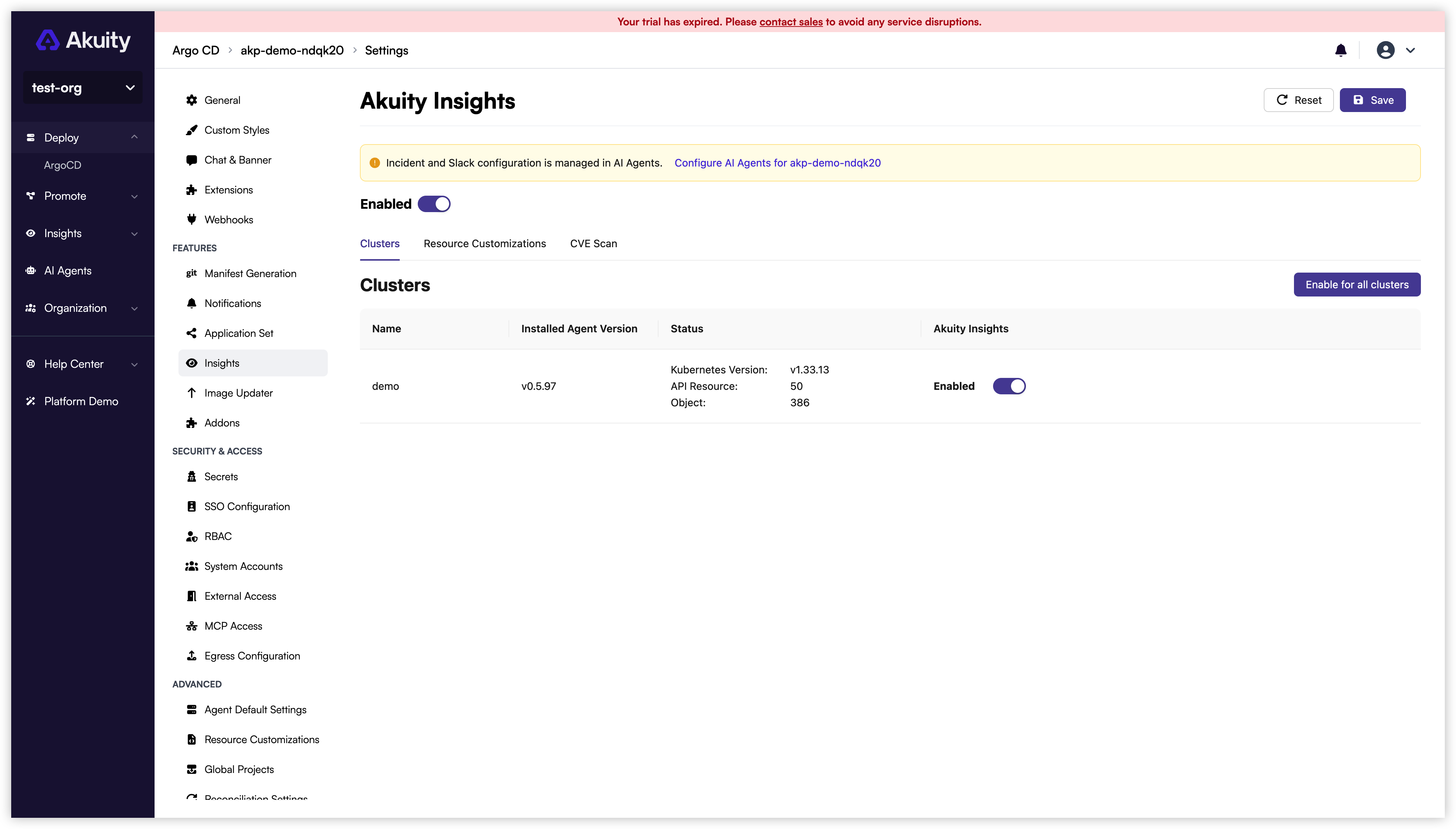 Insights collection settings and cluster selection