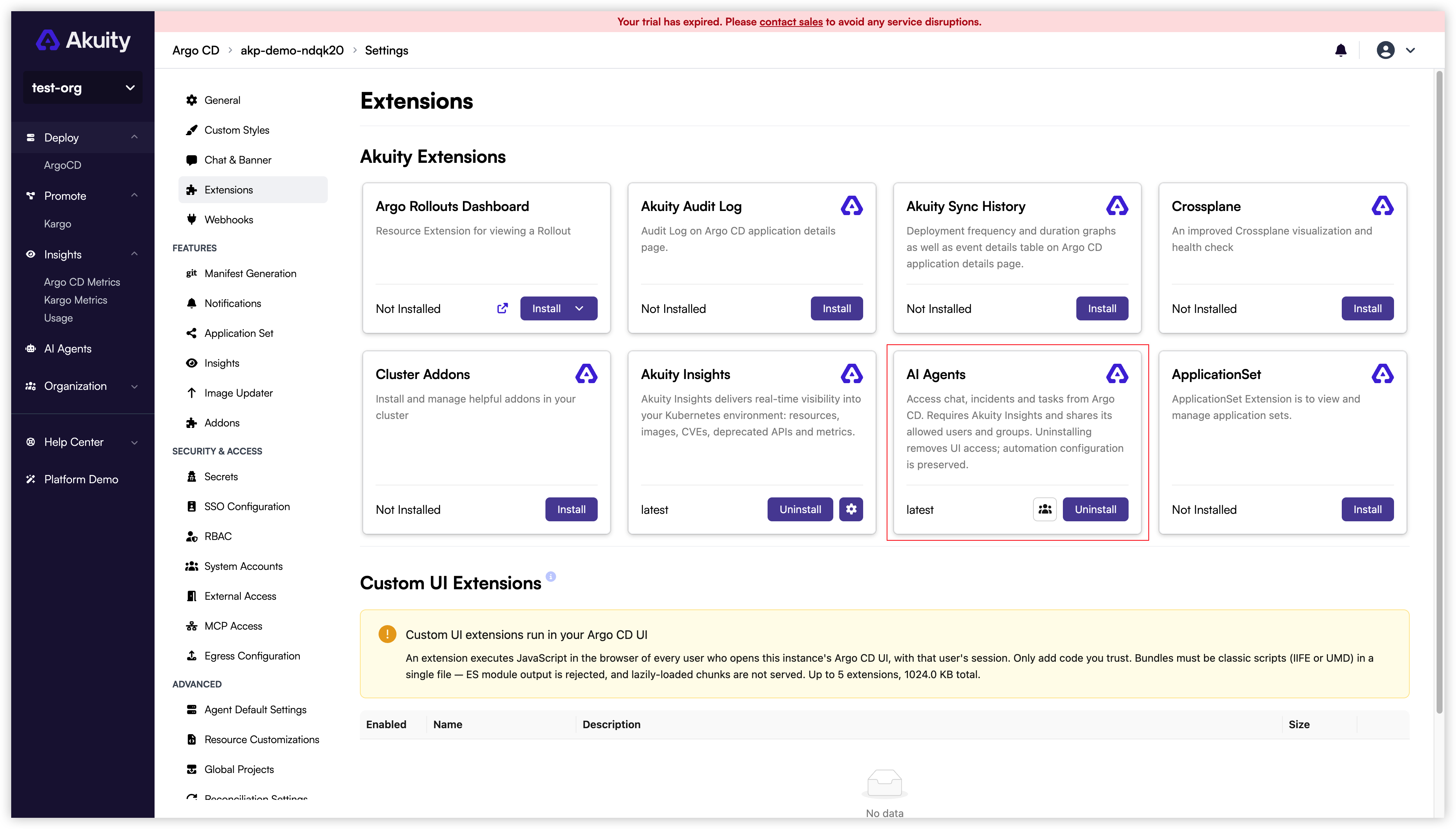 Separate Insights and AI Agents extensions in Argo CD