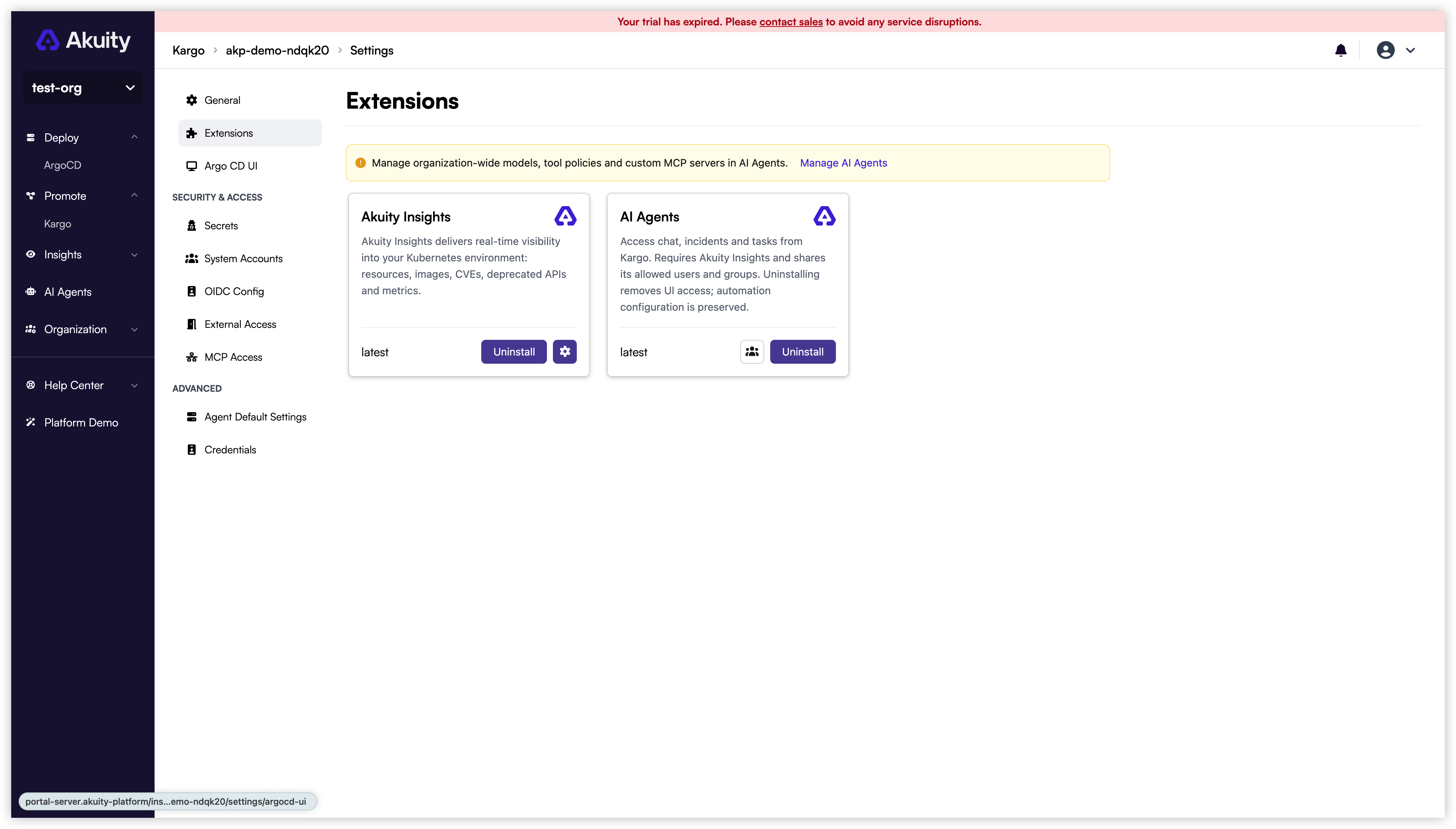 Insights and AI Agents extensions in Kargo