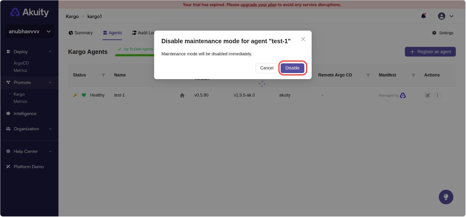 Disable Maintenance Mode Modal