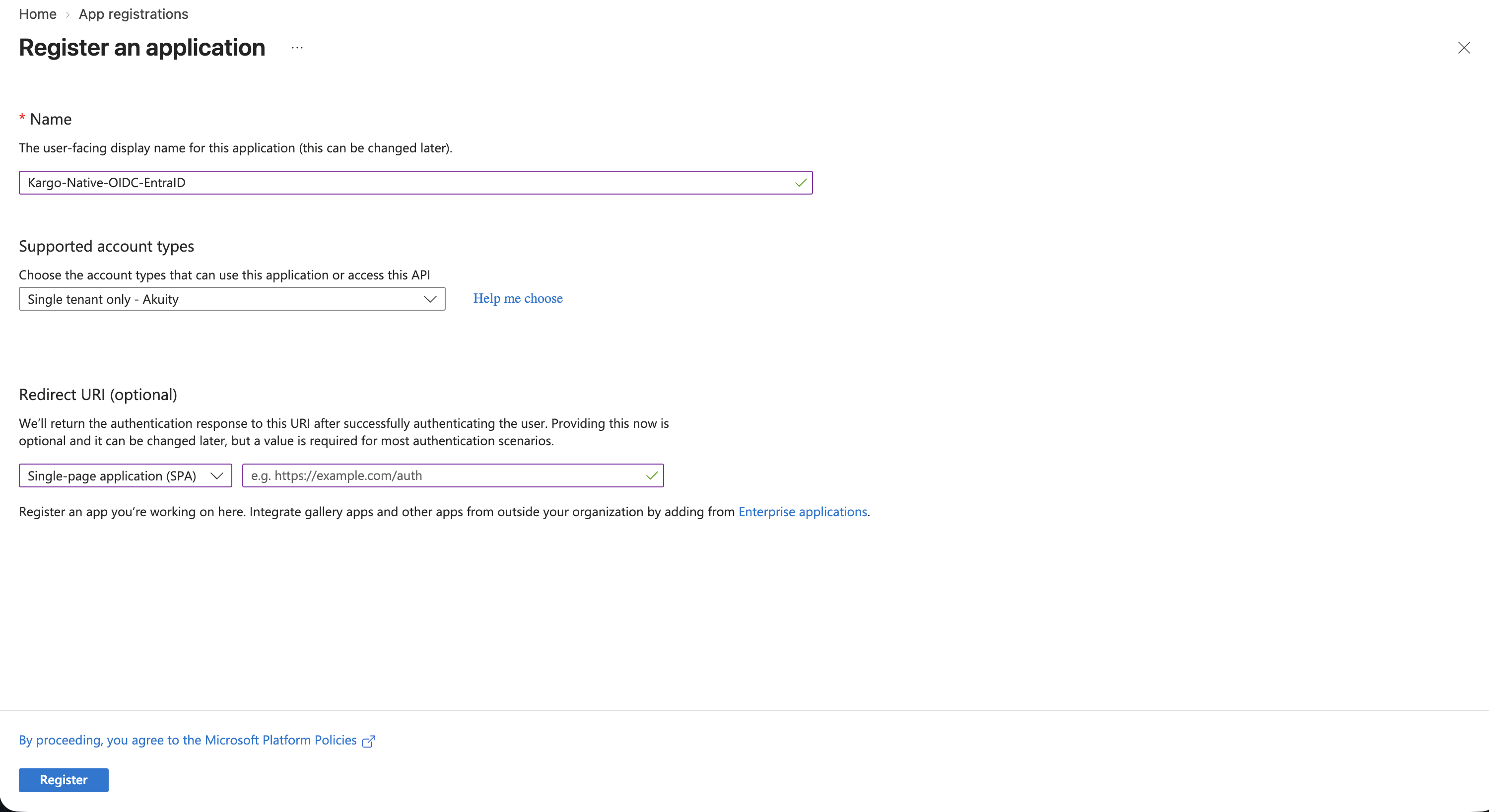 Registering the application with the SPA platform selected