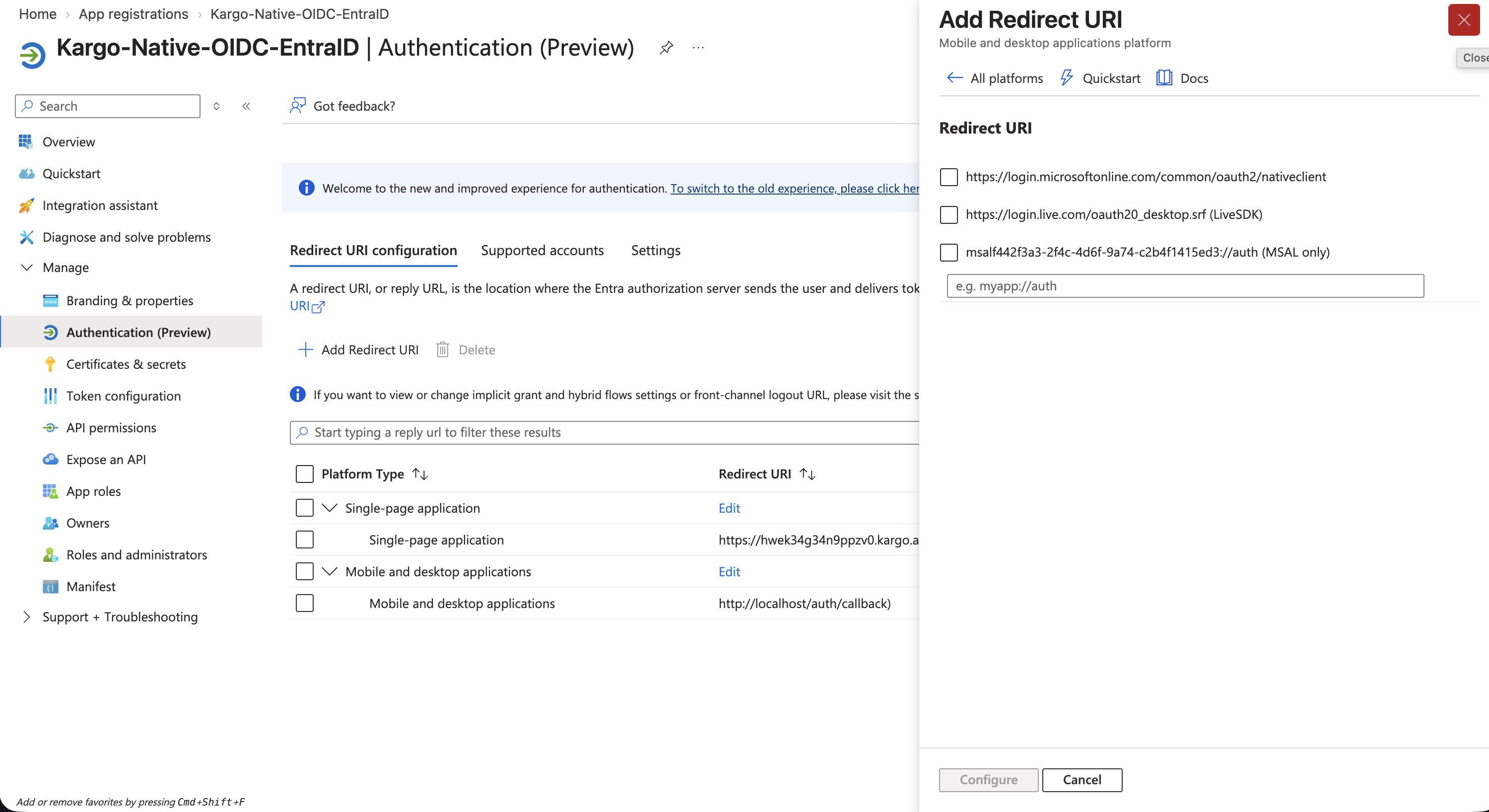 The application with both SPA and mobile/desktop platform configurations
