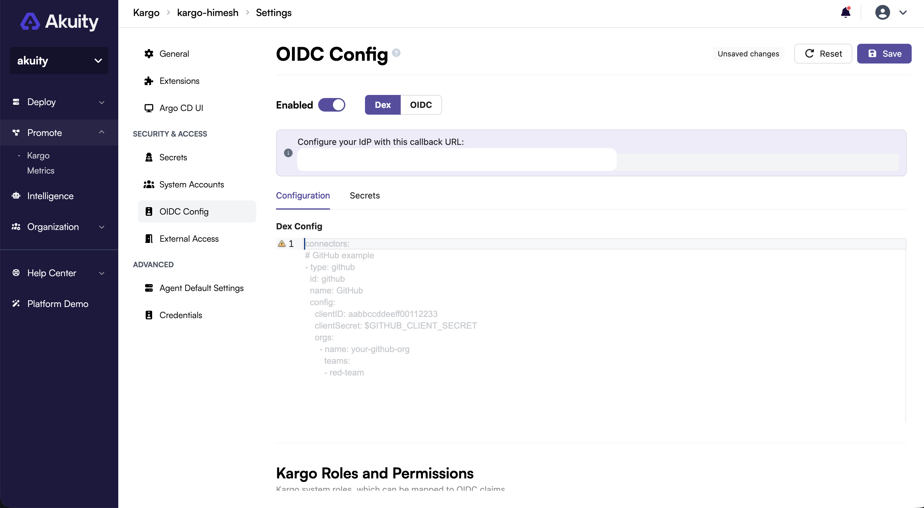 Kargo OIDC Config showing the Dex callback URL