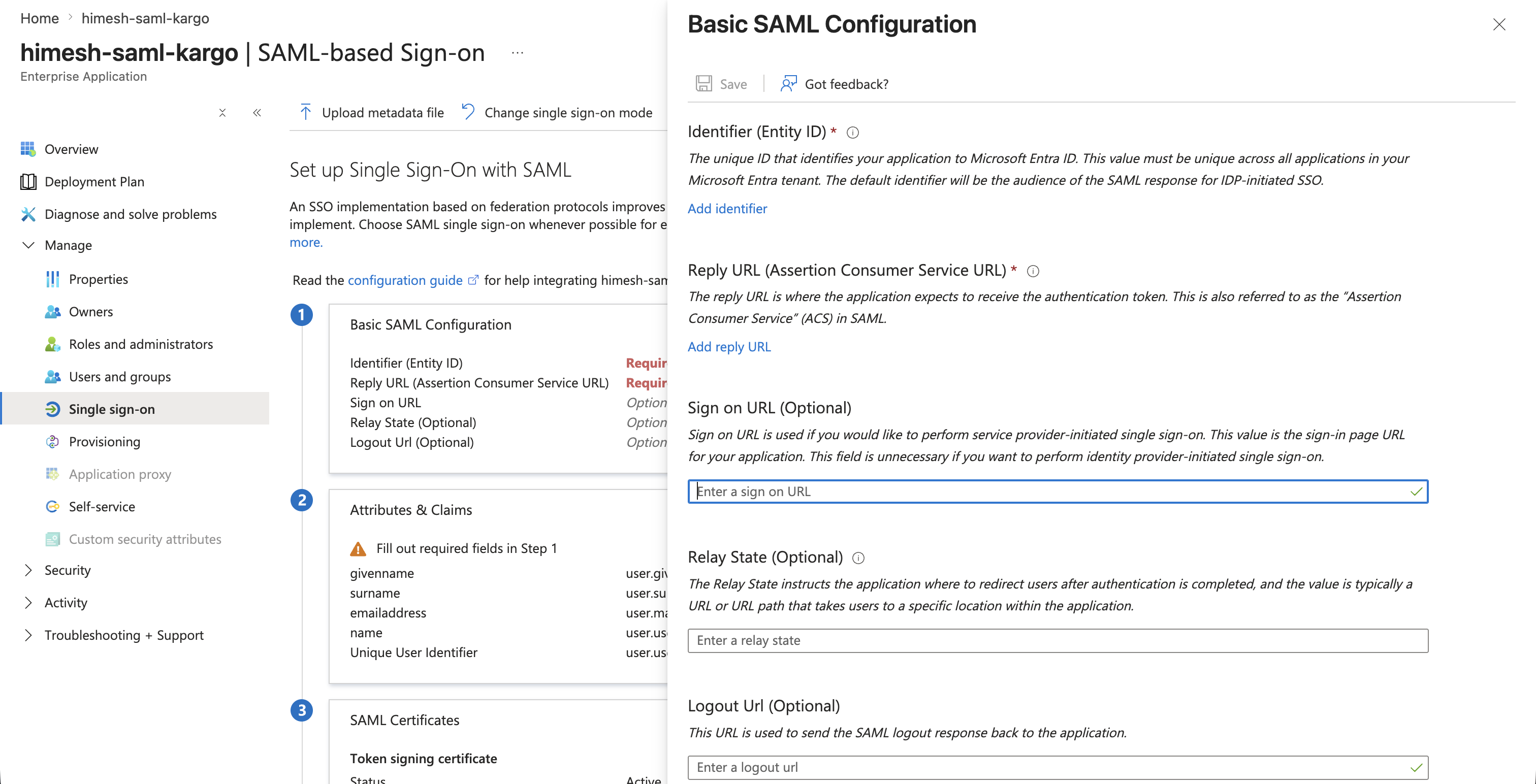 Basic SAML configuration saved