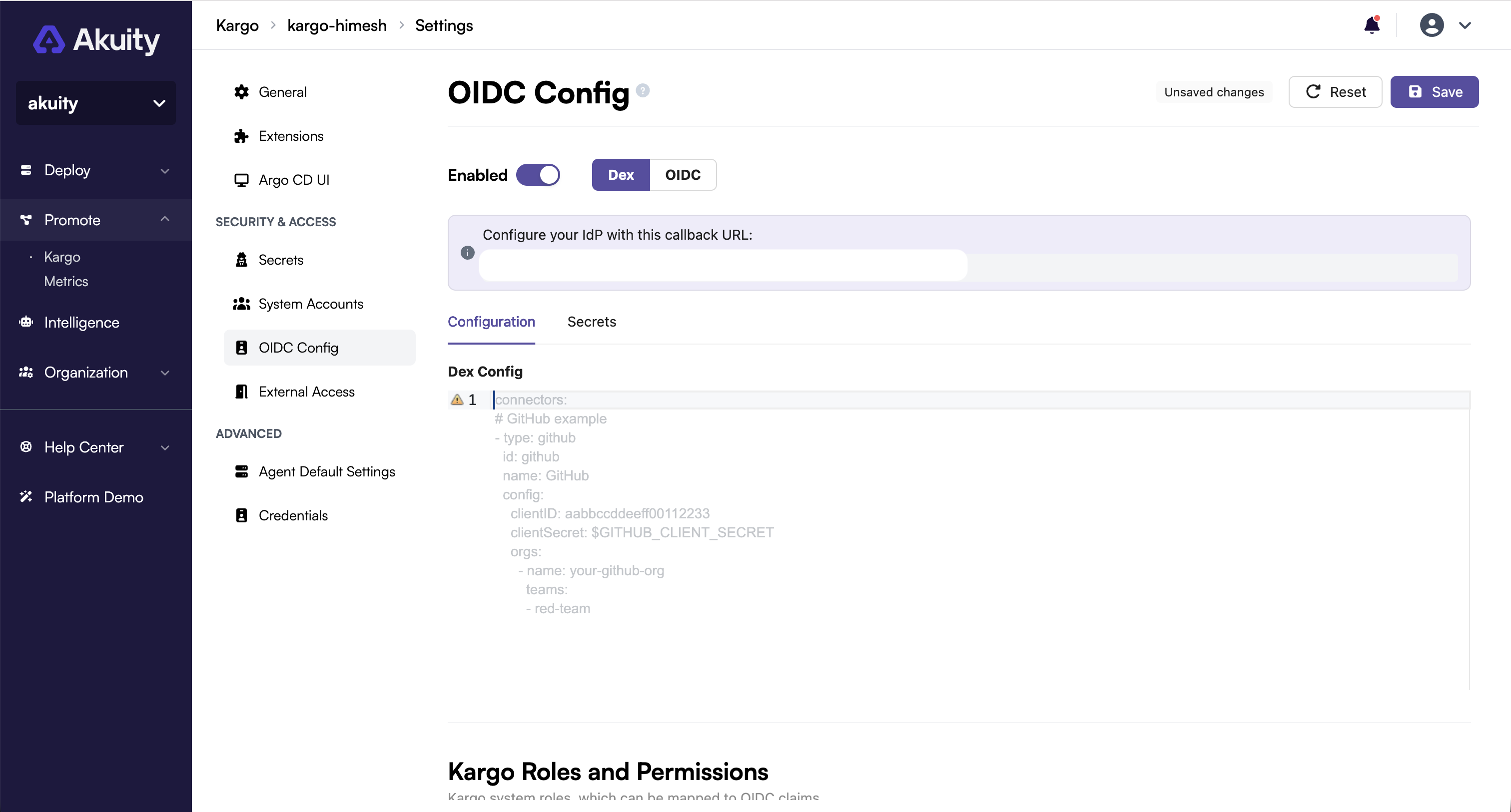 Kargo OIDC Config showing the Dex callback URL