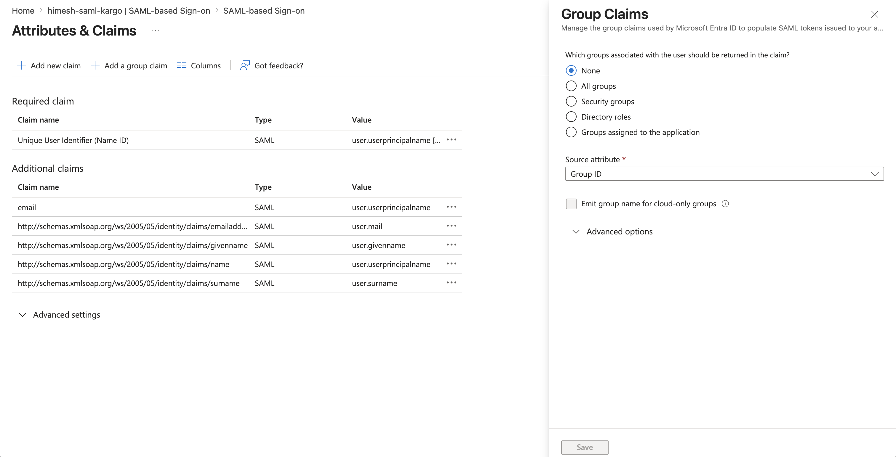 SAML attributes and claims