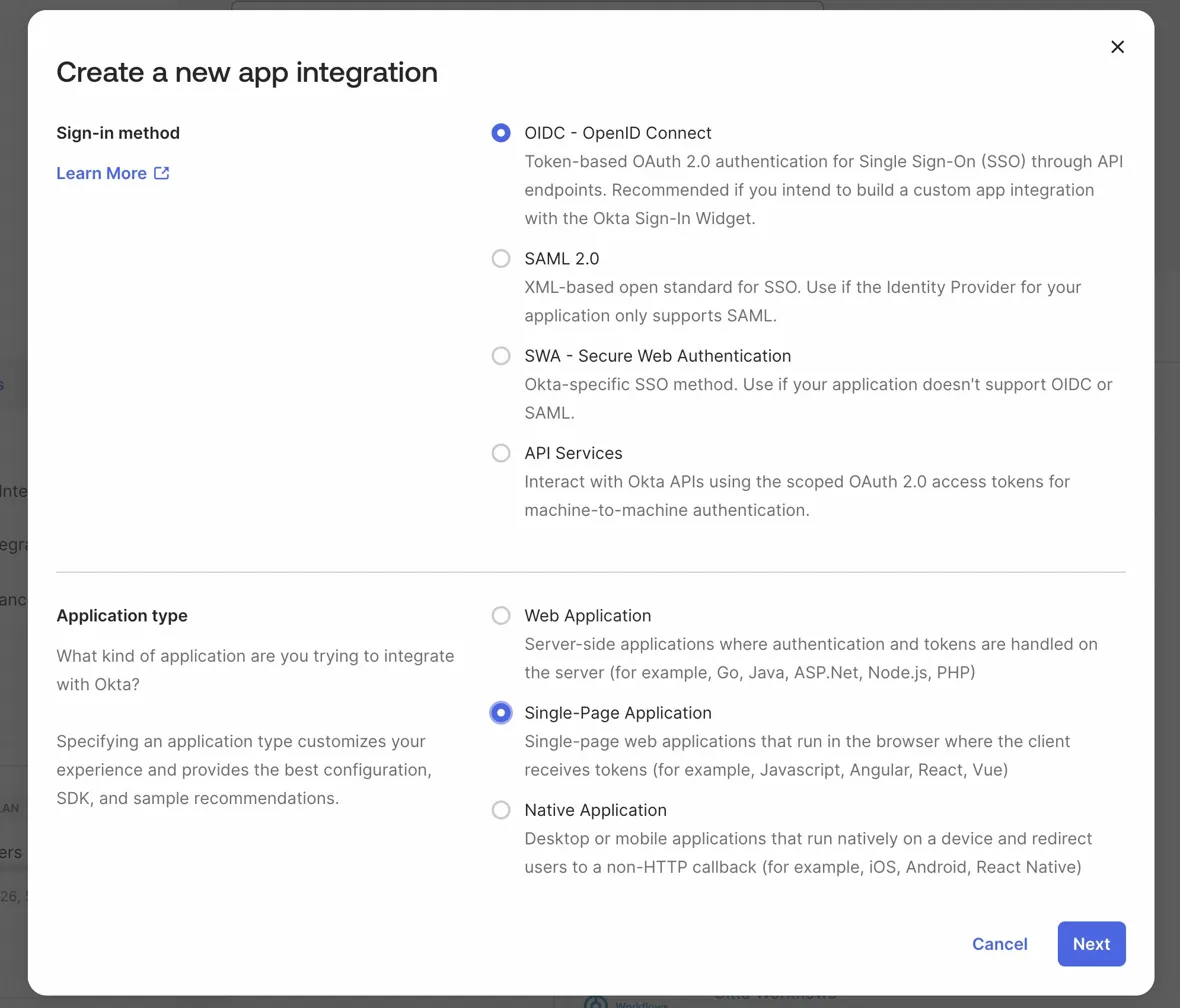 Selecting OIDC and Single-Page Application