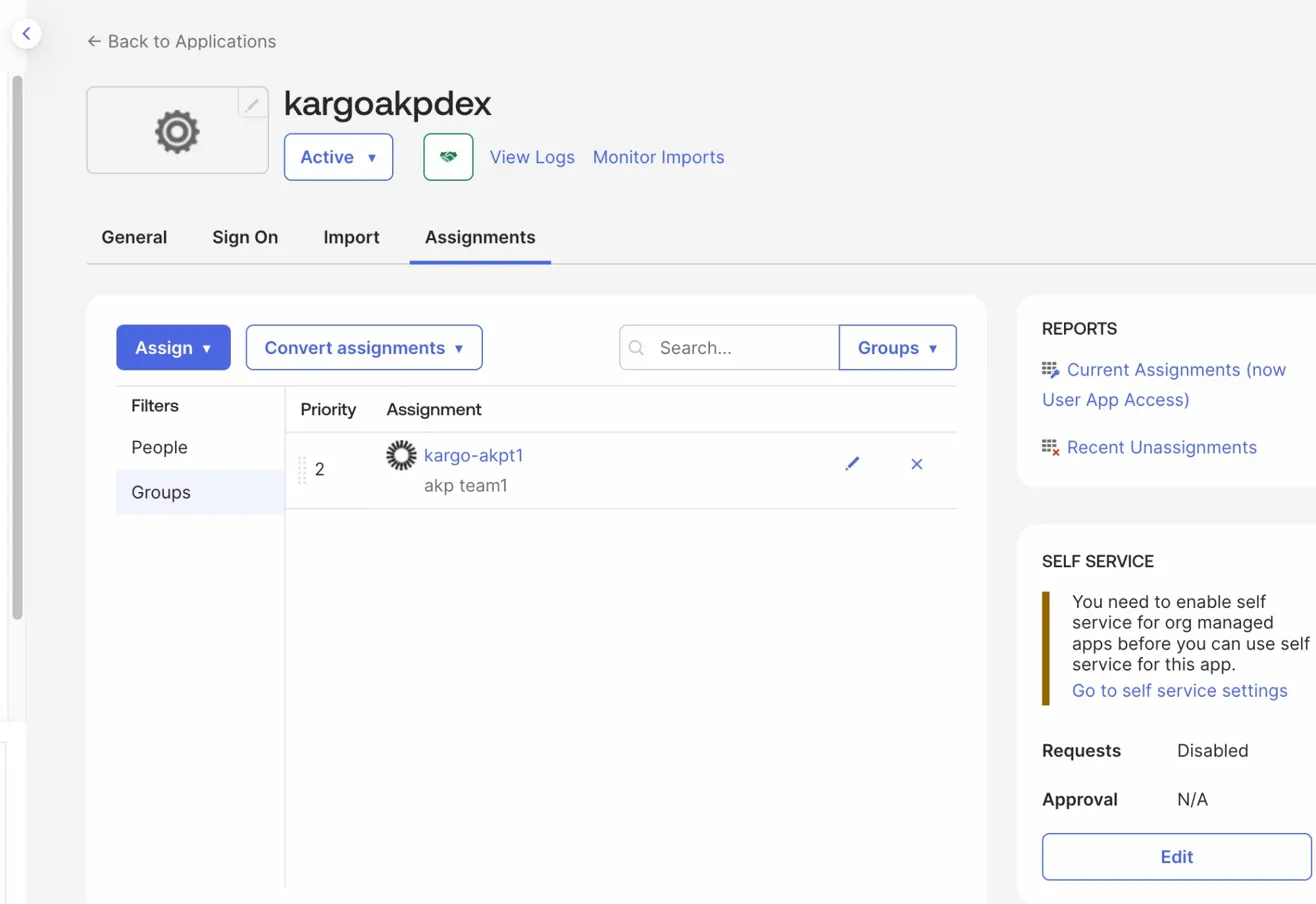 The application Assignments tab