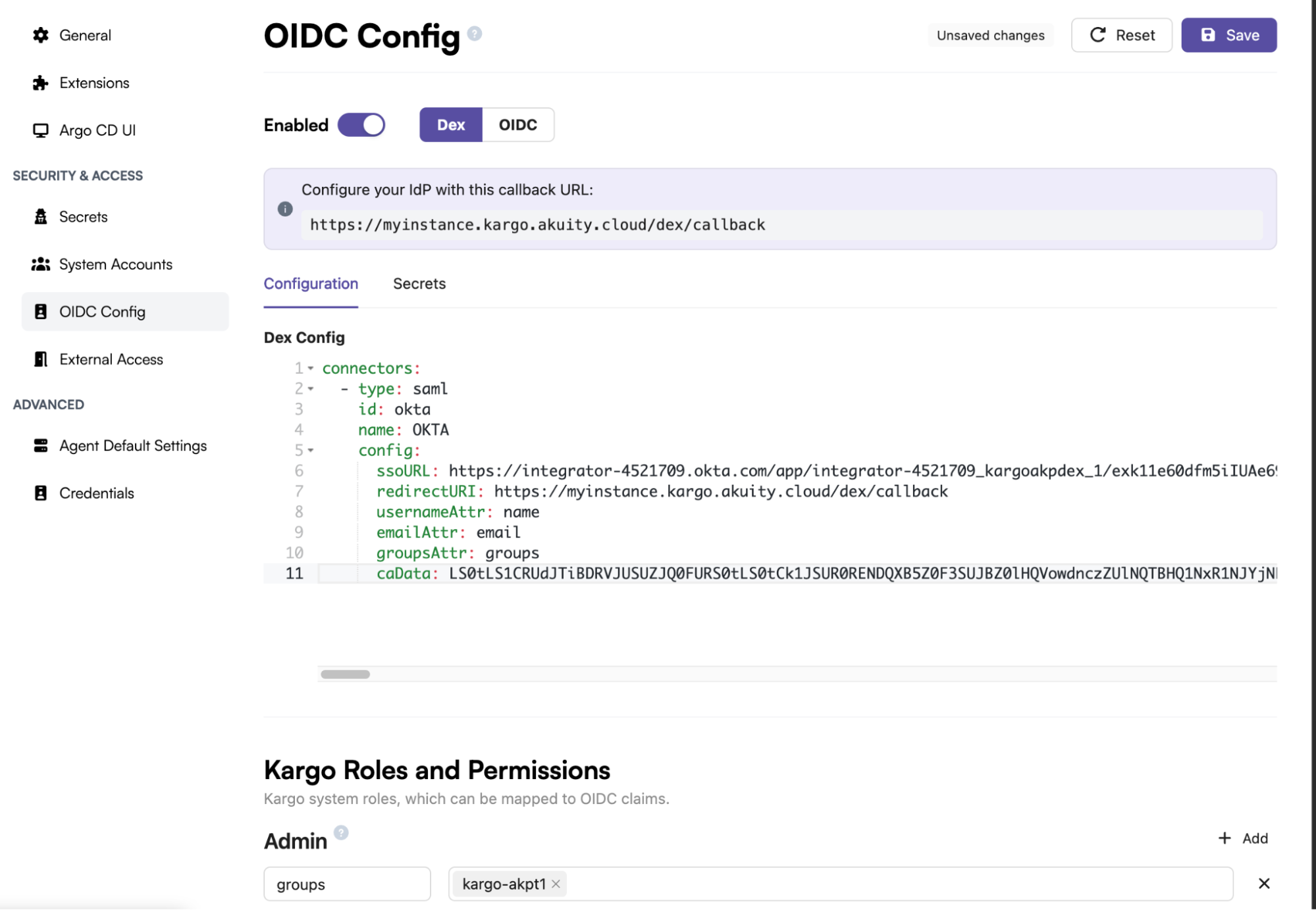 The Dex SAML connector in the Kargo OIDC configuration