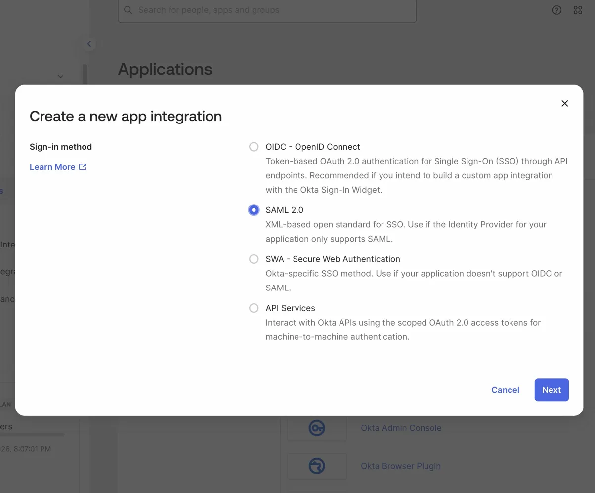 Selecting SAML 2.0 as the sign-in method