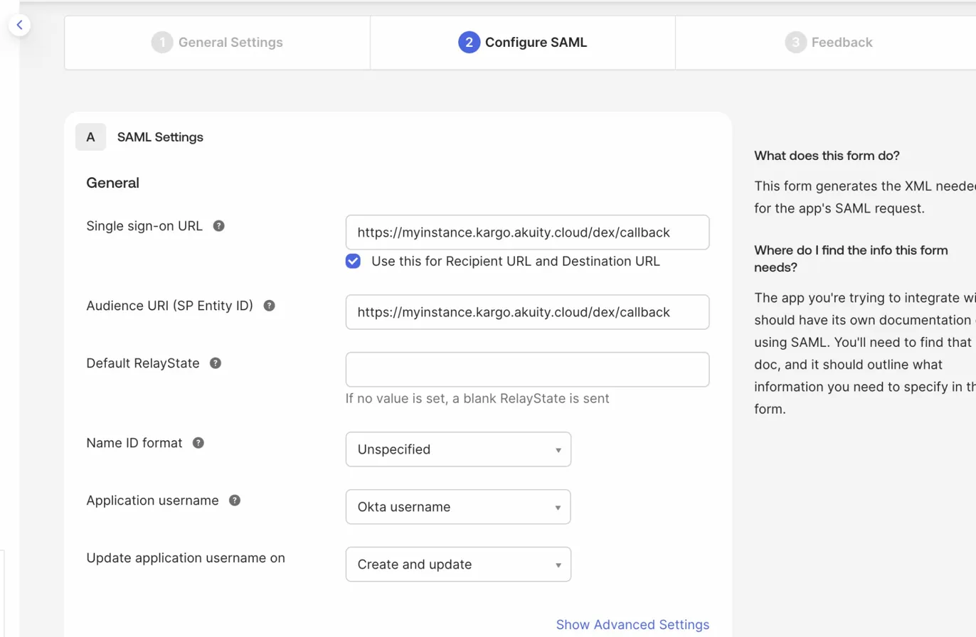 The SAML URL settings