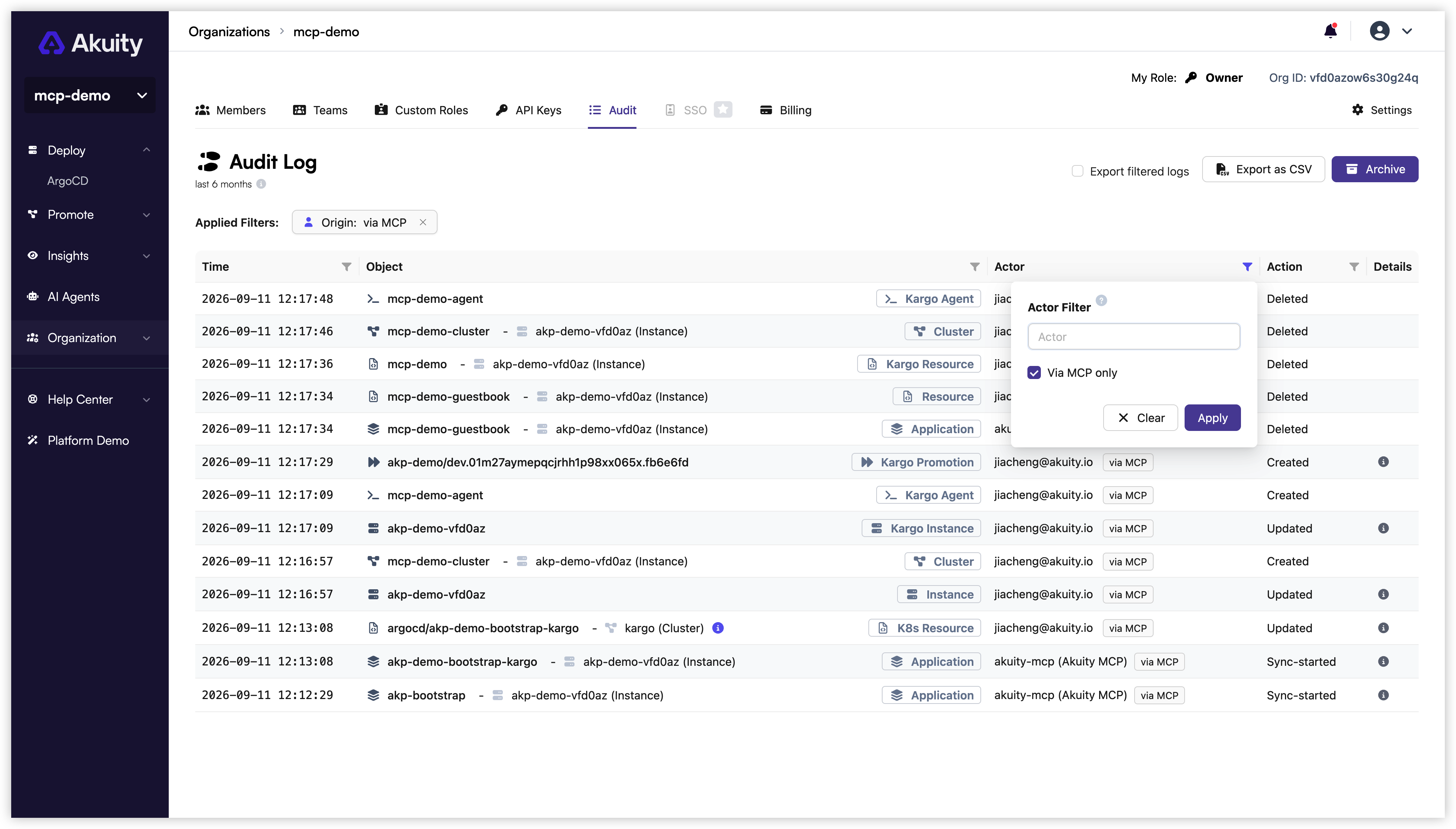 Audit log filtered to MCP