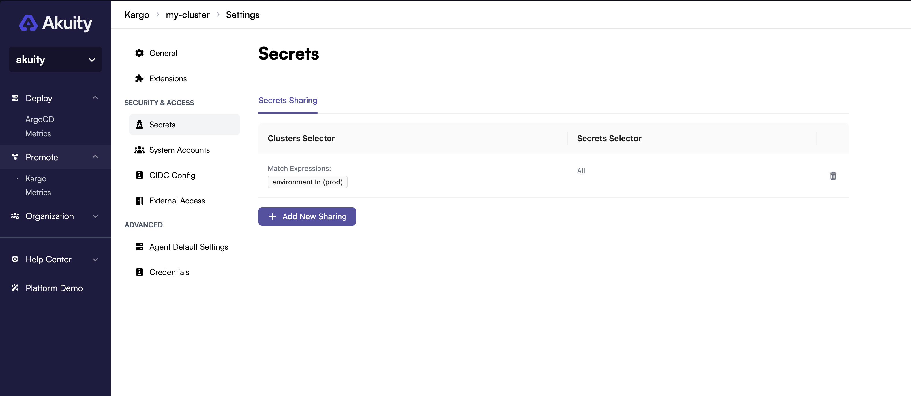 Screenshot of the secret settings page