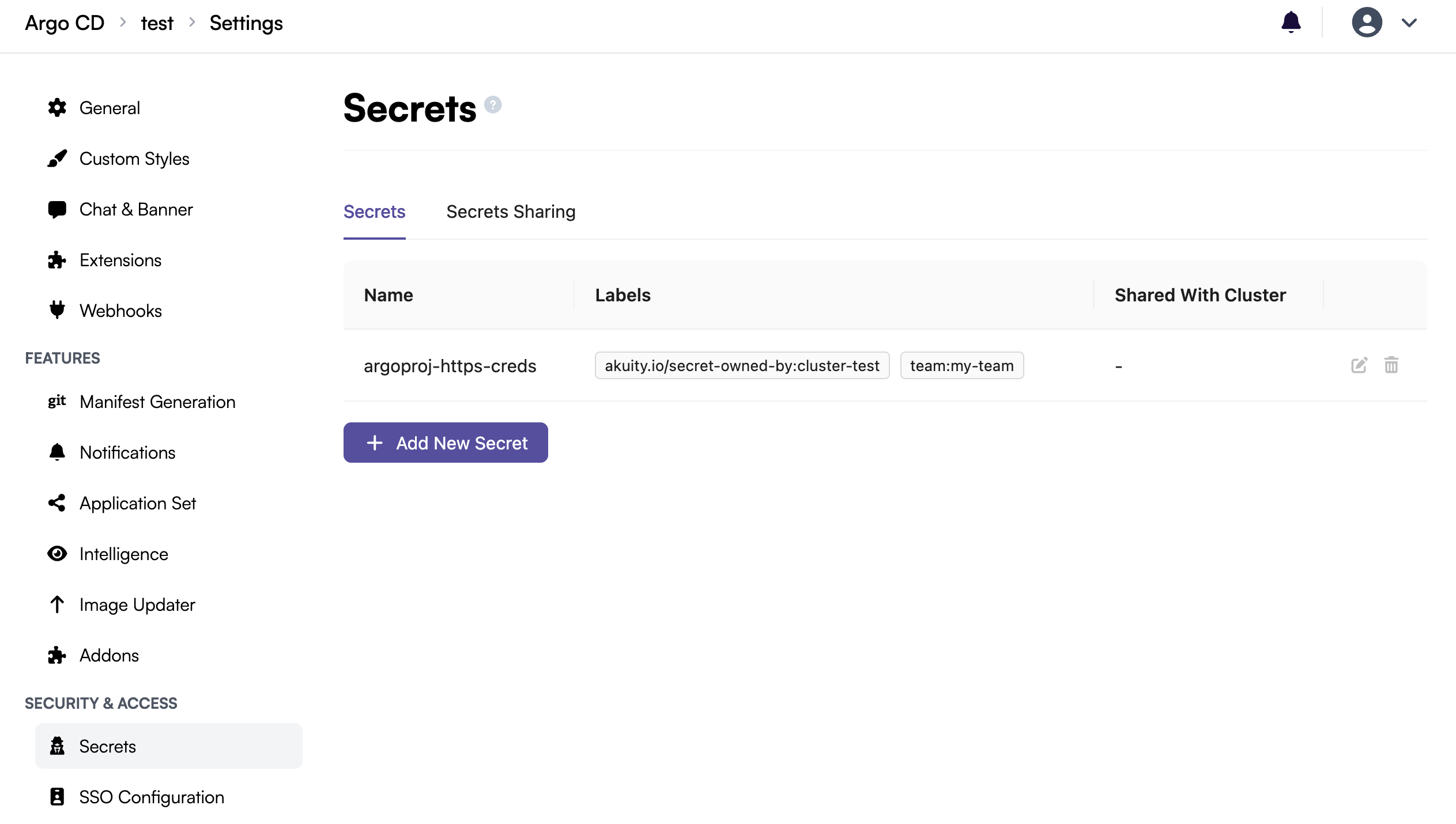 Managed Secrets view