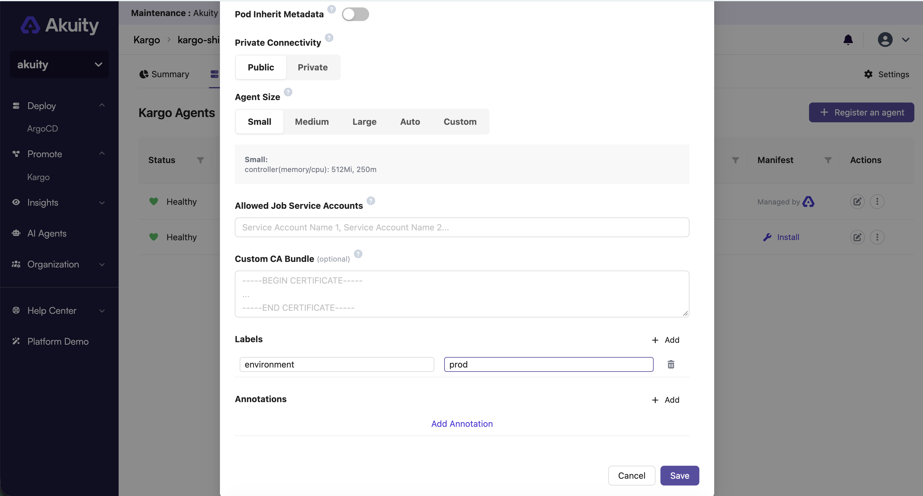 Adding labels to a cluster when configuring a self-hosted agent.