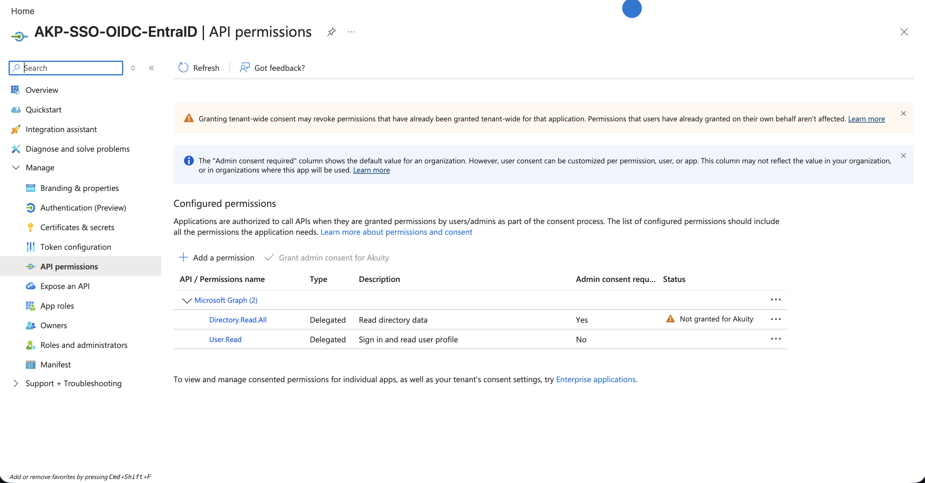 Granting admin consent for API permissions
