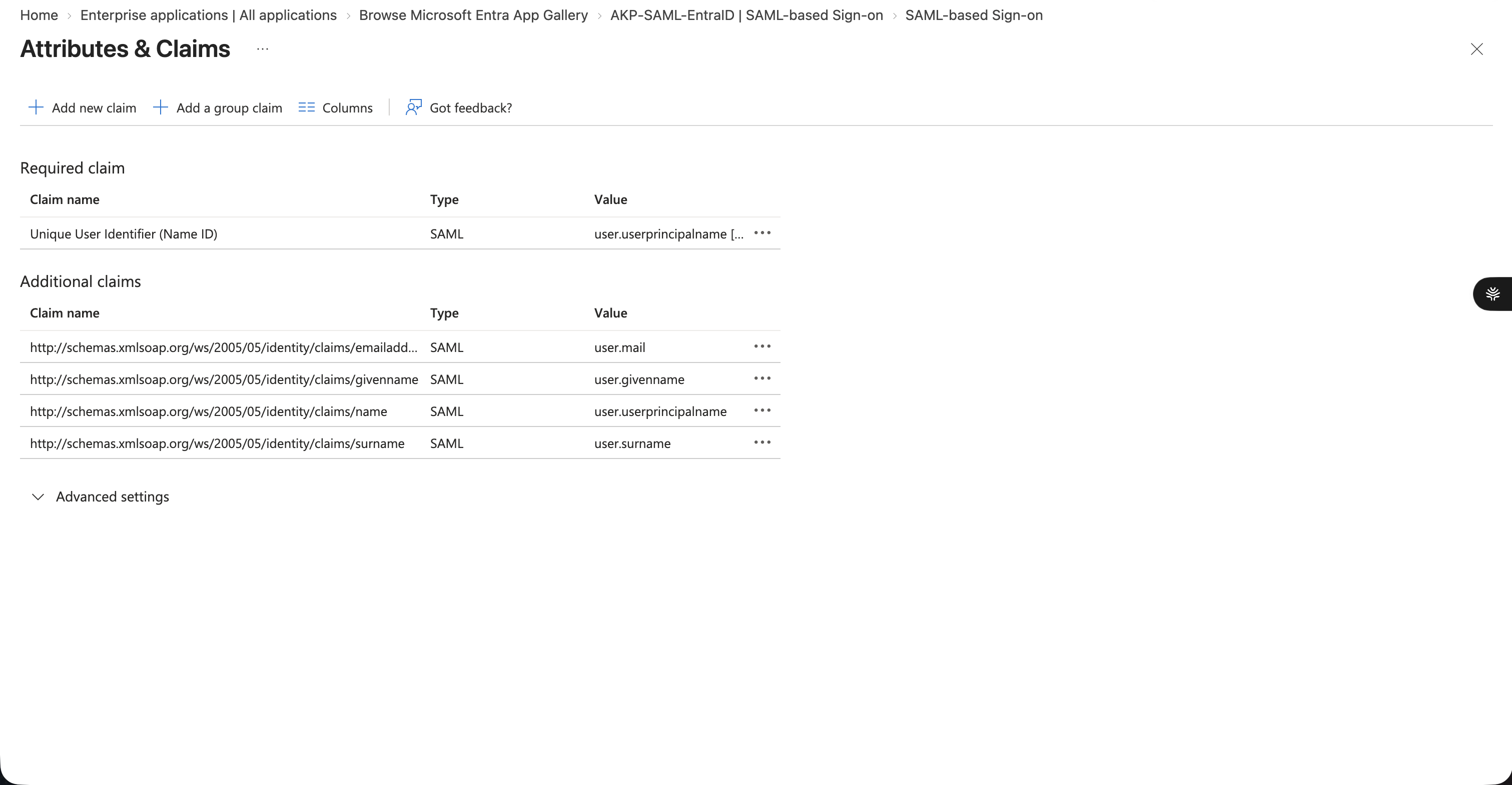 SAML attributes and claims