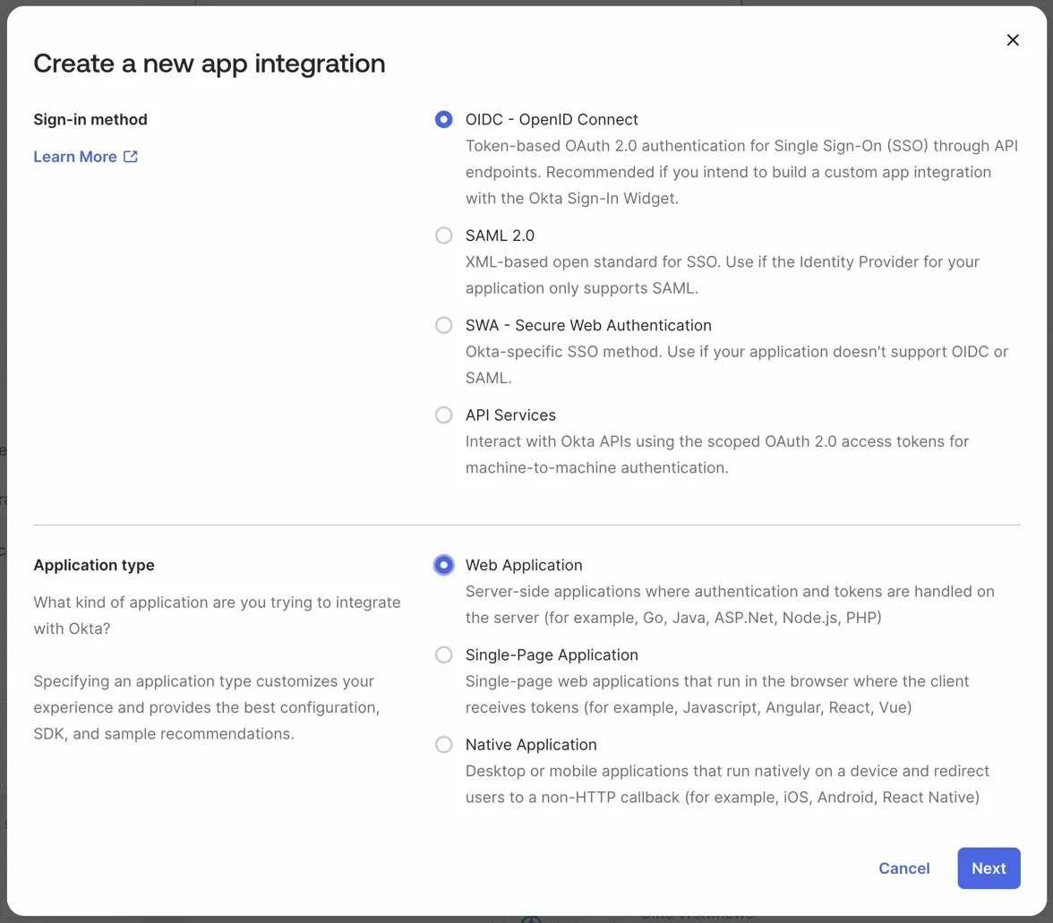 Choosing OIDC - OpenID Connect and Web Application in Okta's Create a new app integration dialog