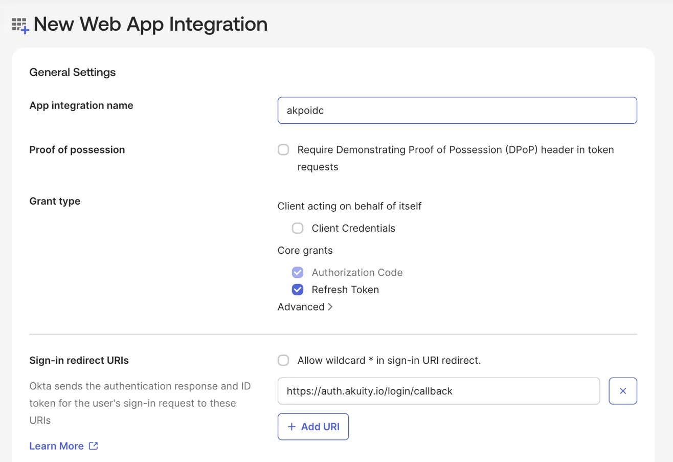 General settings for the new web app integration, with the Akuity sign-in redirect URI registered