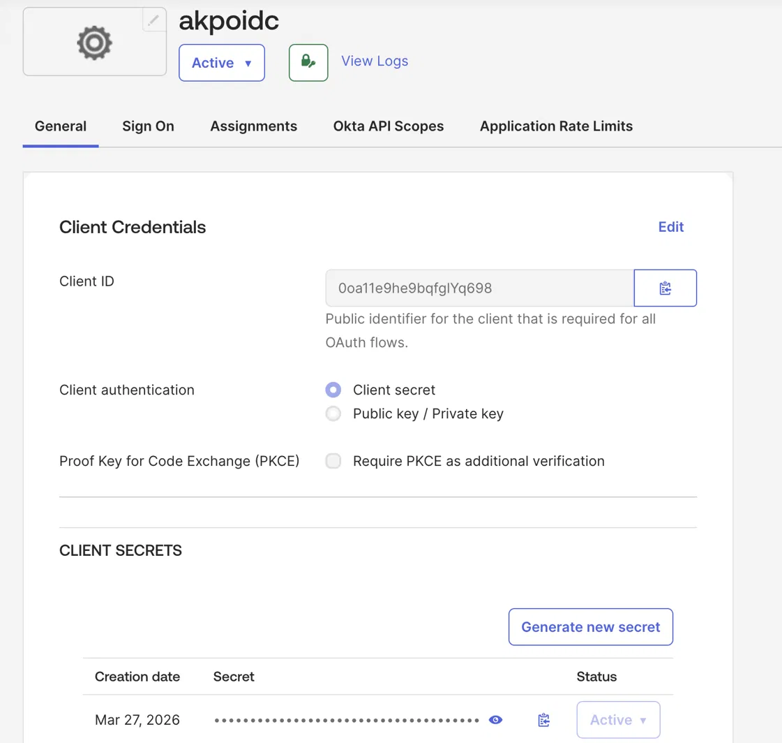 The application's Client Credentials section, showing the Client ID, Client secret authentication, and PKCE left disabled