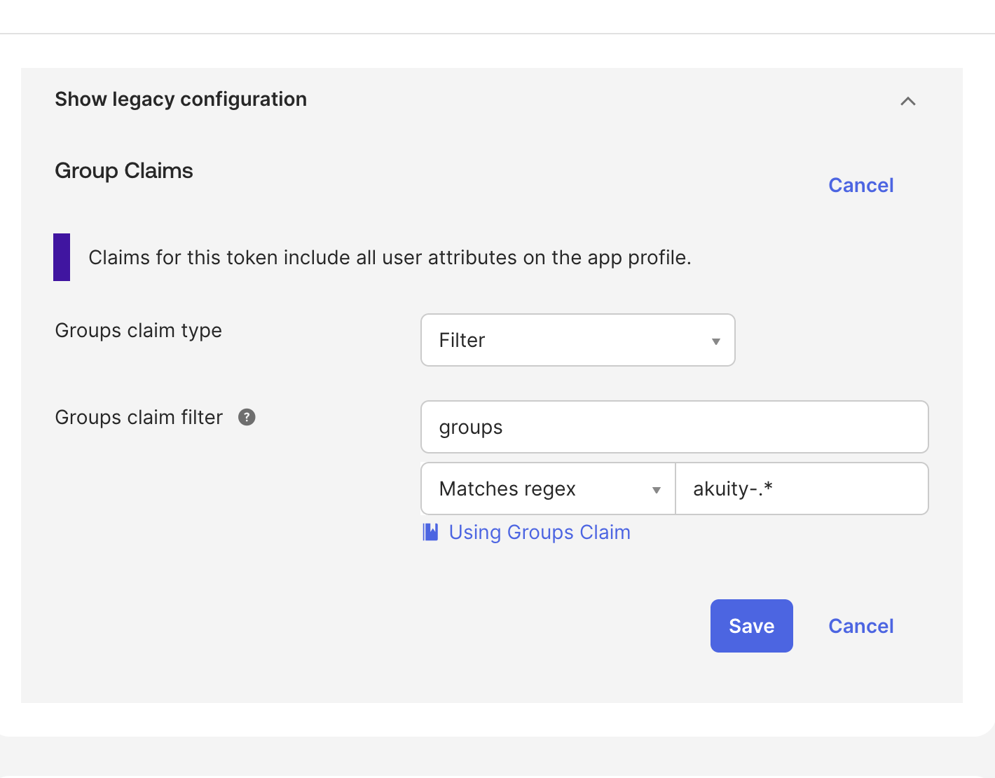 The legacy Group Claims configuration with a Filter-type claim named groups, matching the regex akuity-.*