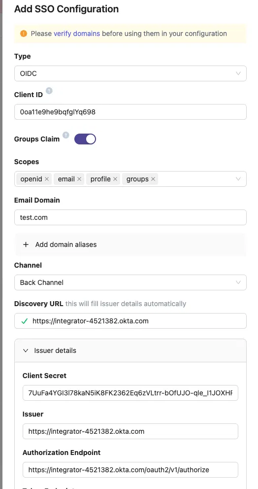 The Add SSO Configuration form filled in with an OIDC type, Client ID, Groups Claim enabled, scopes, email domain, Back Channel, and discovery URL
