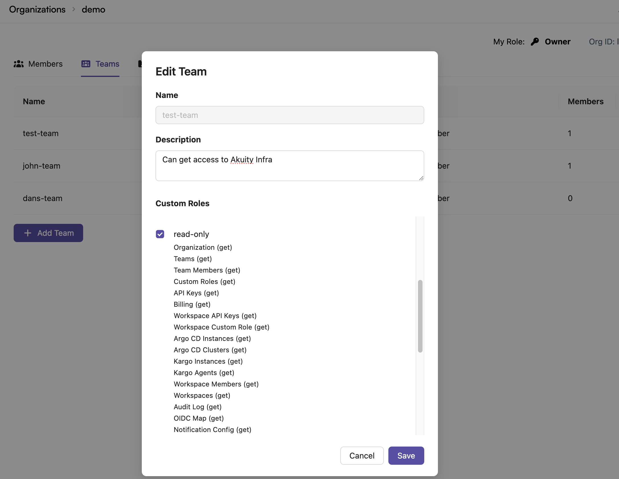 The Teams tab of an organization, with the Edit Team dialog open