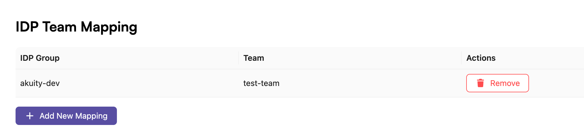 The IDP Team Mapping section, listing each IDP group and the team it maps to