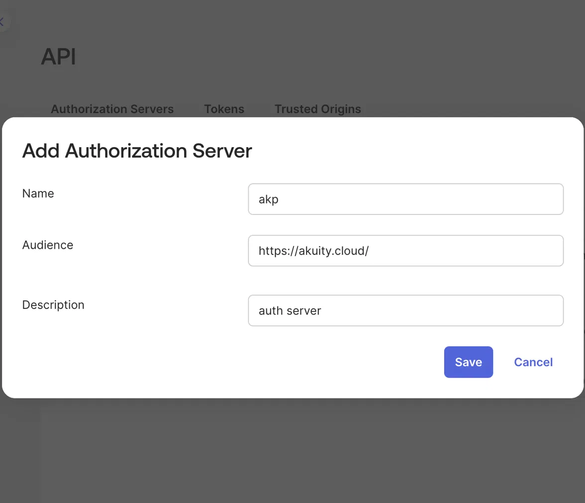 The Add Authorization Server dialog, with the name akp, audience https://akuity.cloud/, and a description