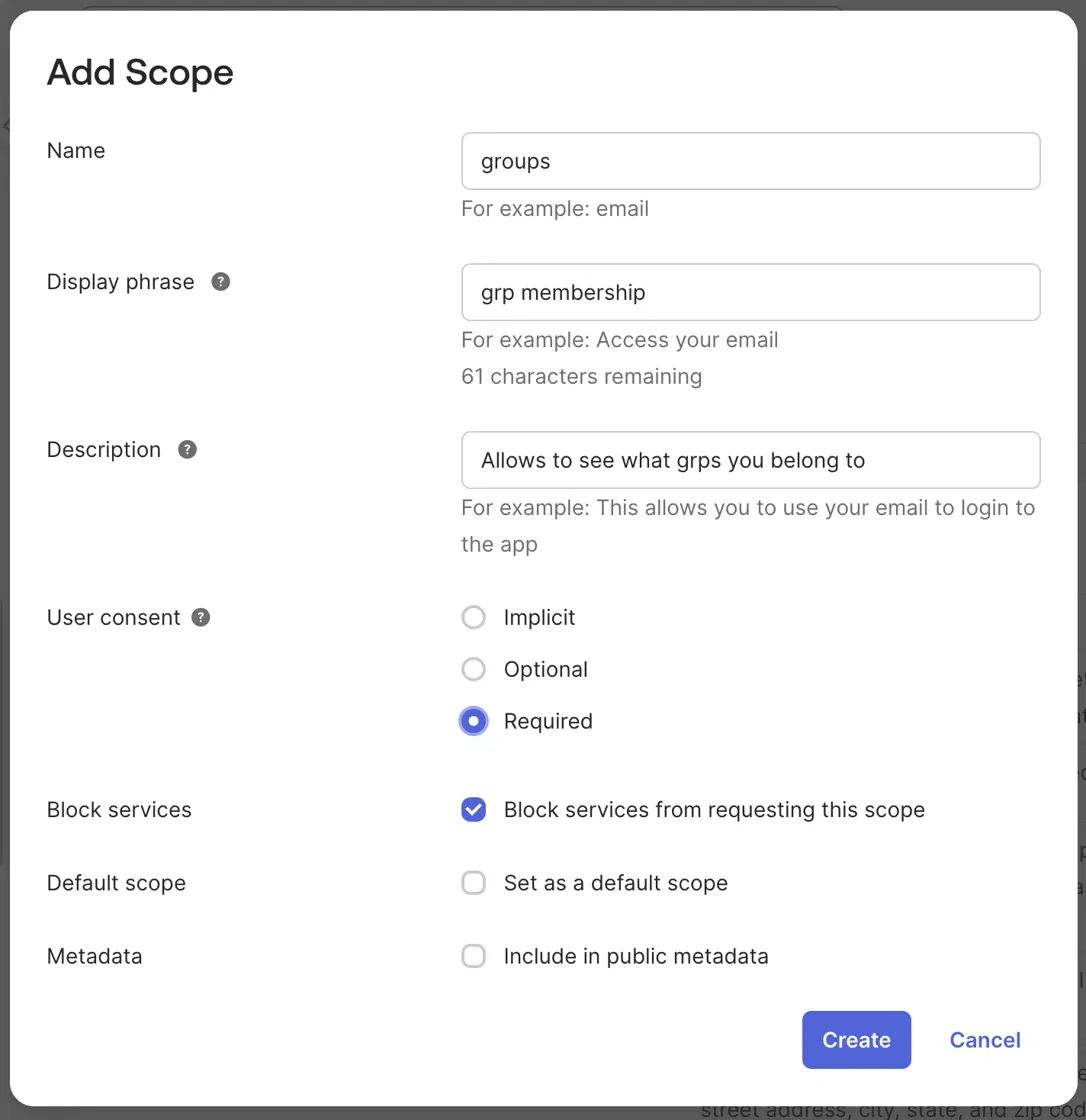 The Add Scope dialog defining the groups scope, with Block services checked and Default scope left unchecked