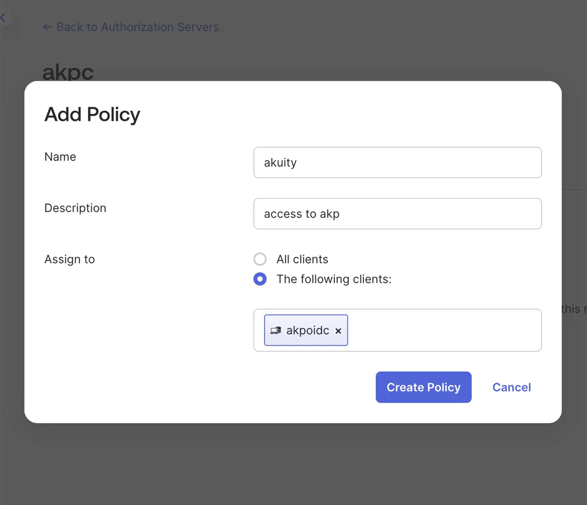 The Add Policy dialog, with the policy assigned to the akpoidc client rather than All clients
