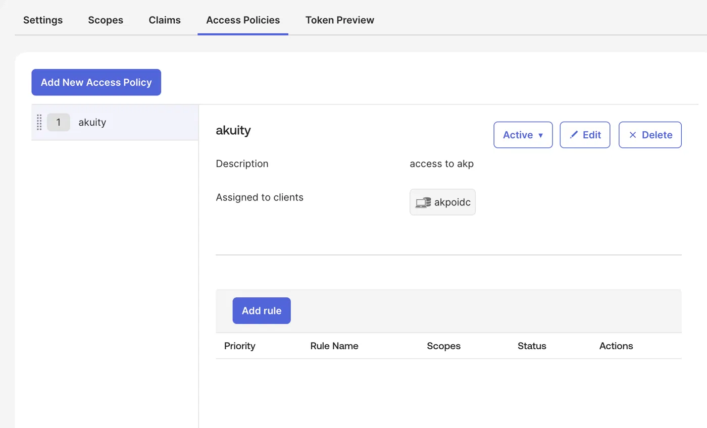 The Access Policies tab showing the akuity policy assigned to akpoidc, with an empty rule table and the Add rule button