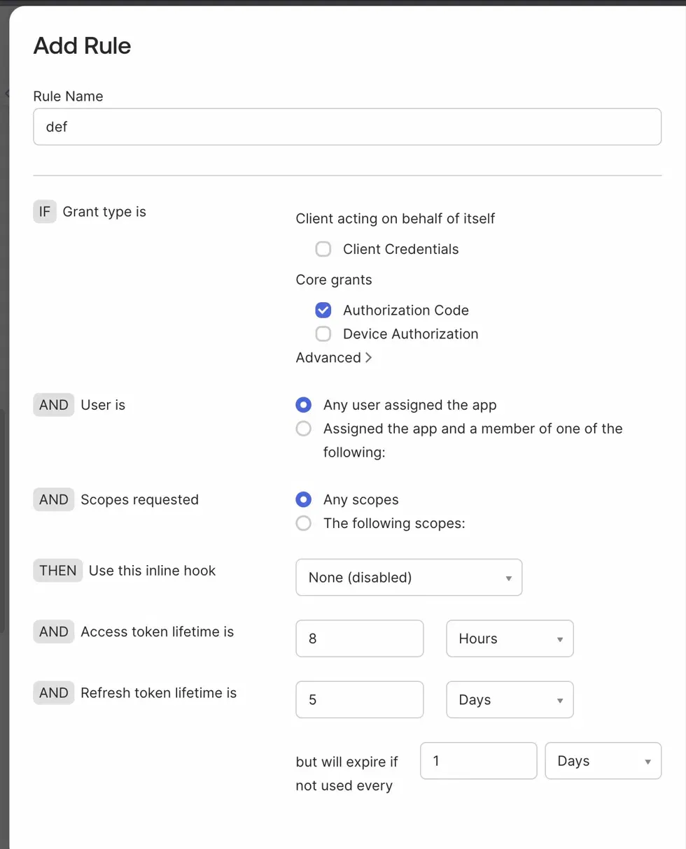 The Add Rule dialog, permitting the Authorization Code grant for any user assigned the app, with access and refresh token lifetimes